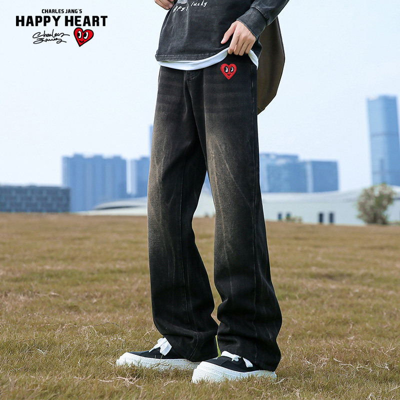 查尔斯桃心 牛仔裤男款美式复古扎染弯刀微喇直筒宽松阔腿长裤子