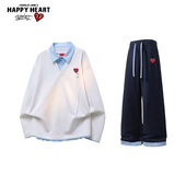 校园风衬衫 领卫衣套装 男女假两件拼接休闲长裤 查尔斯桃心 春秋季