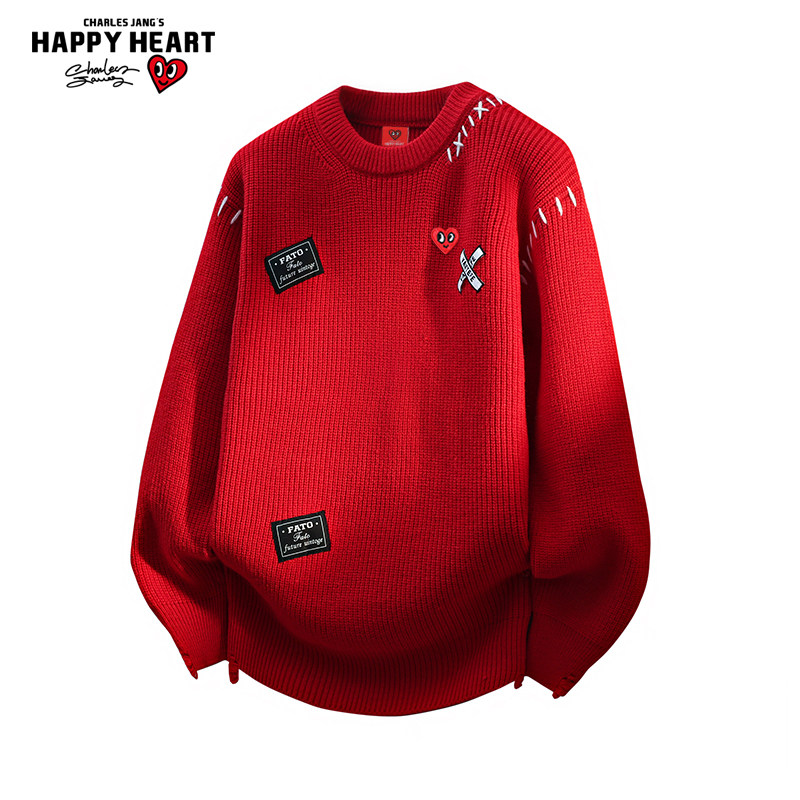 查尔斯桃心红色圆领宽松休闲针织衫长袖上衣男女新款冬季情侣毛衣