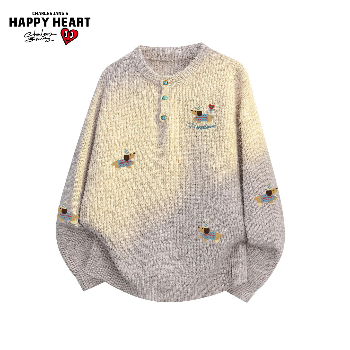 查尔斯桃心小狗印花亨利领毛衣男