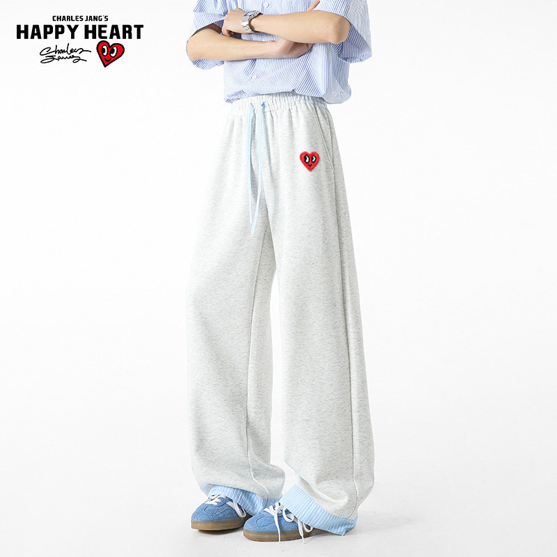 查尔斯桃心美式拼色格纹裤子男宽松阔腿直筒垂感针织弯刀休闲长裤