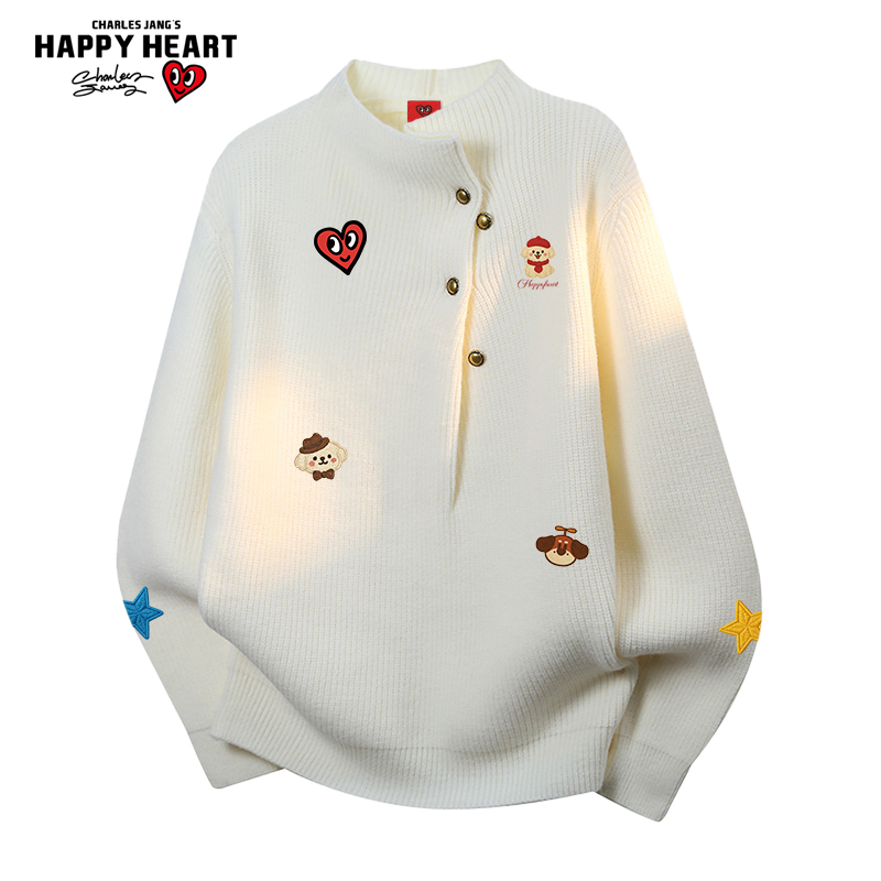 查尔斯桃心 美式印花半高领毛衣男冬季新款保暖情侣针织衫上衣服