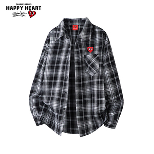 查尔斯桃心美式复古格子衬衫男女新款春秋季休闲宽松长袖上衣外套