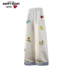 宽松阔腿直筒休闲长裤 查尔斯桃心 子男秋冬季 植物花卉印花裤 美式