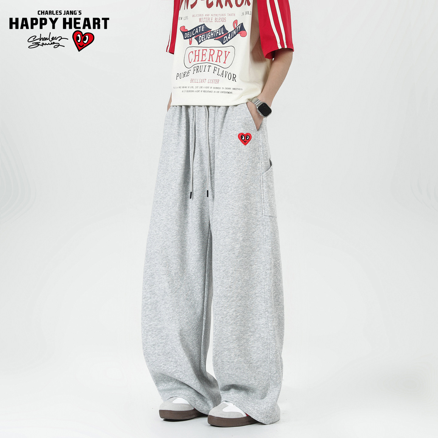 查尔斯桃心美式解构重磅卫裤男女春秋季运动休闲垂感阔腿弯刀长裤