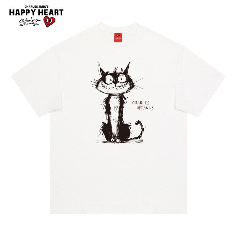 查尔斯桃心 美式坏笑猫猫印花短袖T恤男夏季纯棉宽松情侣打底上衣