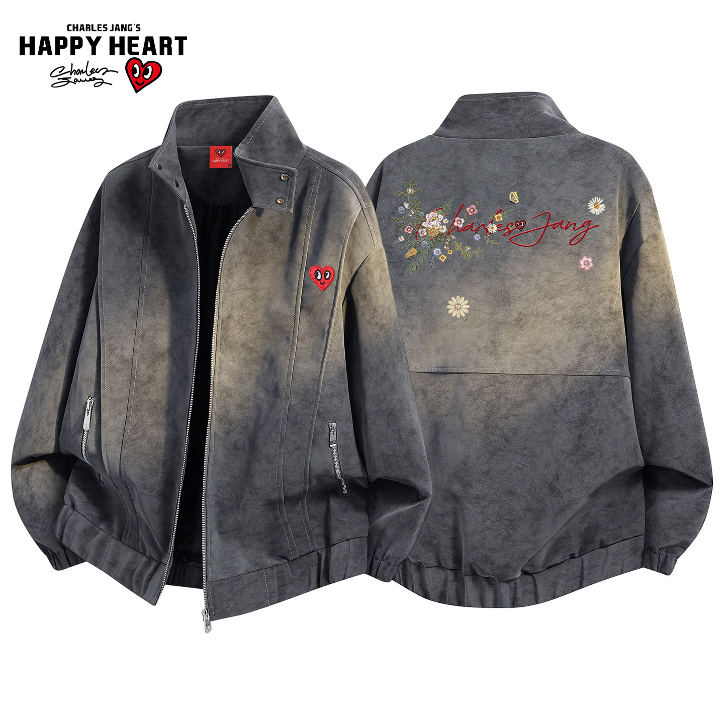 查尔斯桃心扎染立领PU皮夹克外套