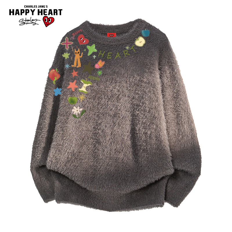 查尔斯桃心涂鸦印花毛衣男女圆领