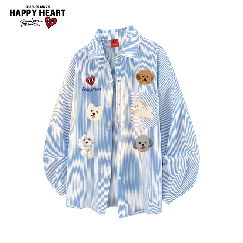 查尔斯桃心小狗印花条纹长袖衬衫男女春秋季新款宽松休闲衬衣外套,男装,衬衫,淘宝优惠券,粉丝福利购,淘宝优惠卷