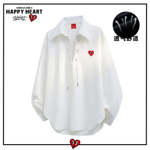 男春秋季 衬衫 2026宽松休闲百搭衬衣外套 深V领系带长袖 查尔斯桃心