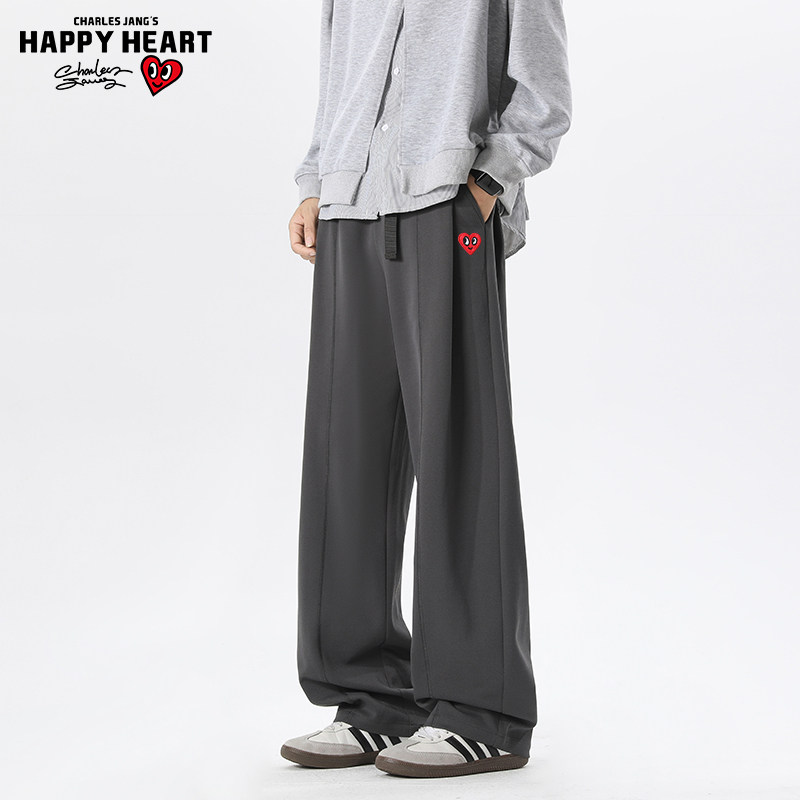 查尔斯桃心美式垂感弯刀卫裤男女秋冬加绒加厚直筒宽松休闲长裤子