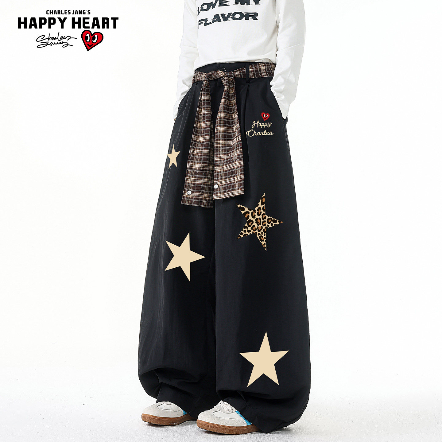 查尔斯桃心美式复古格子腰带休闲裤男女潮牌直筒宽松阔腿长裤子