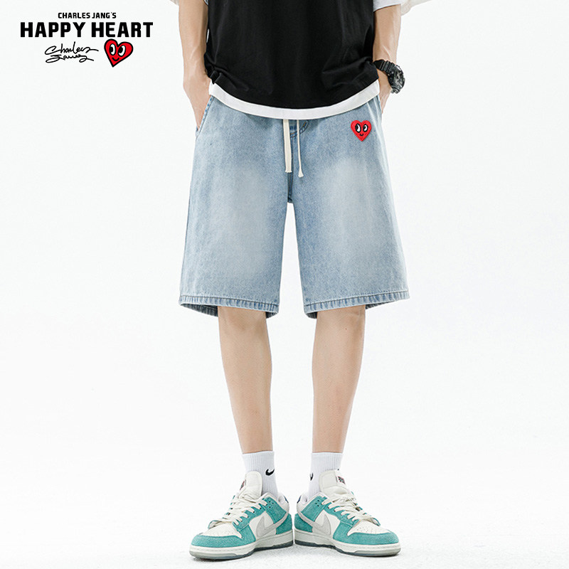 查尔斯桃心 牛仔短裤男2026年夏季薄款水洗磨白宽松休闲五分裤子