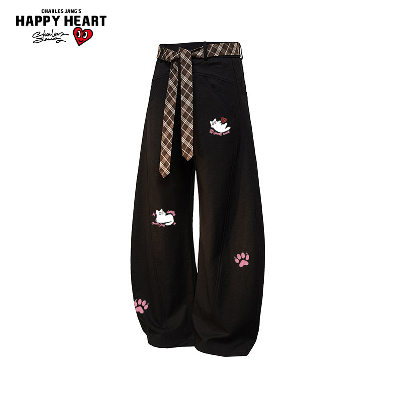 查尔斯桃心小猫印花宽松直筒弯刀休闲长裤子男女春秋季2026新款