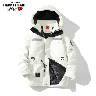 查尔斯桃心 工装羽绒服男秋冬季连帽2025新款中长款保暖冬装外套