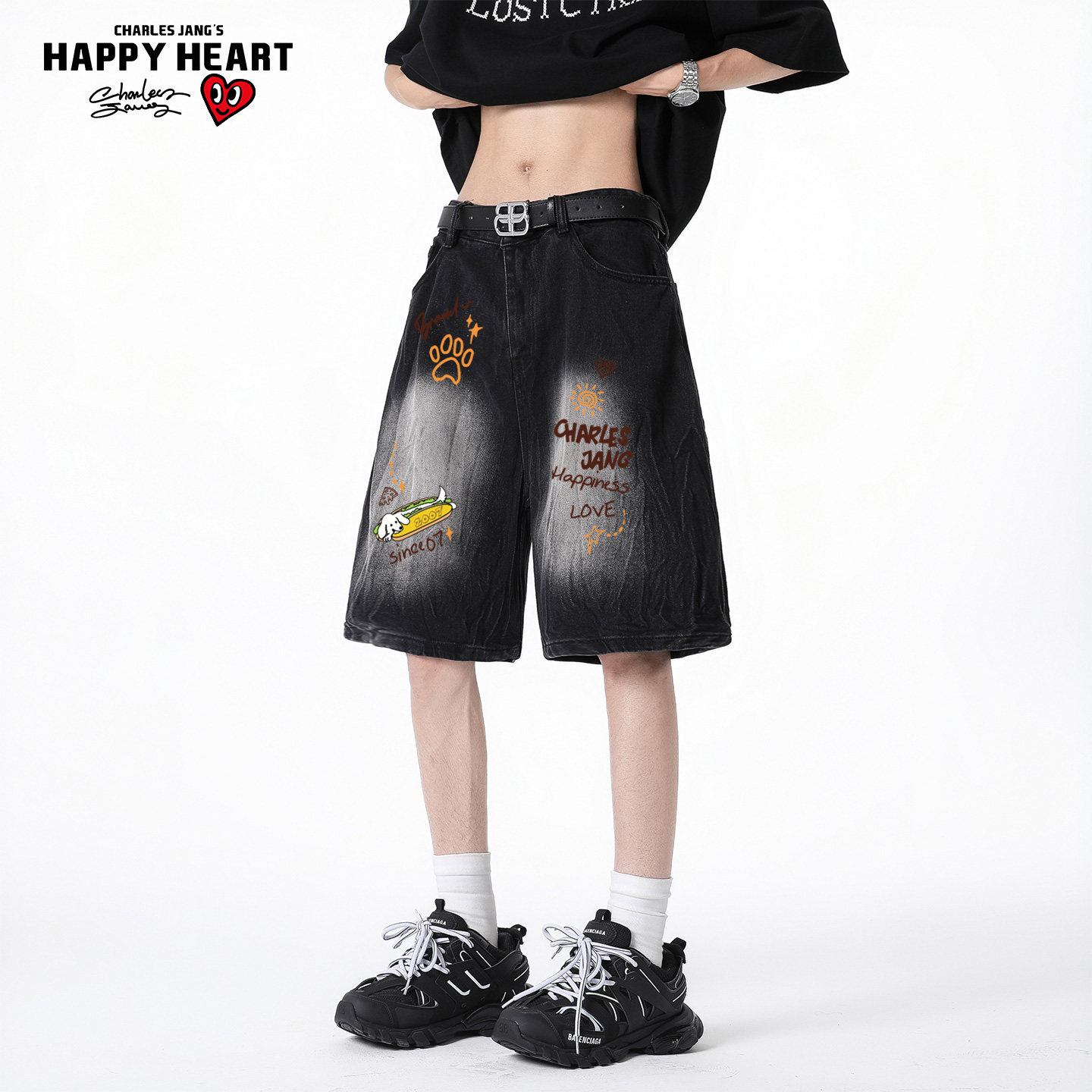 查尔斯桃心卡通印花牛仔短裤男女夏季潮牌宽松街头时尚休闲五分裤