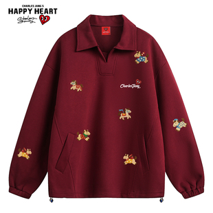查尔斯桃心 马年2026衬衫领长袖卫衣男女印花百搭休闲情侣上衣服