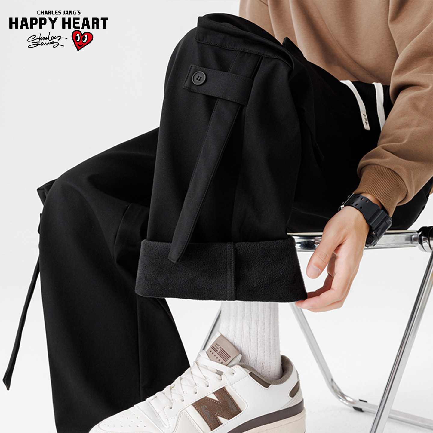 查尔斯桃心美式机能工装裤男女秋冬加绒加厚大码休闲直筒运动长裤