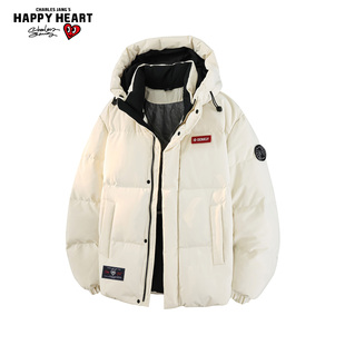 查尔斯桃心 撞色三防90鸭绒连帽羽绒服男女冬季短款加厚情侣外套
