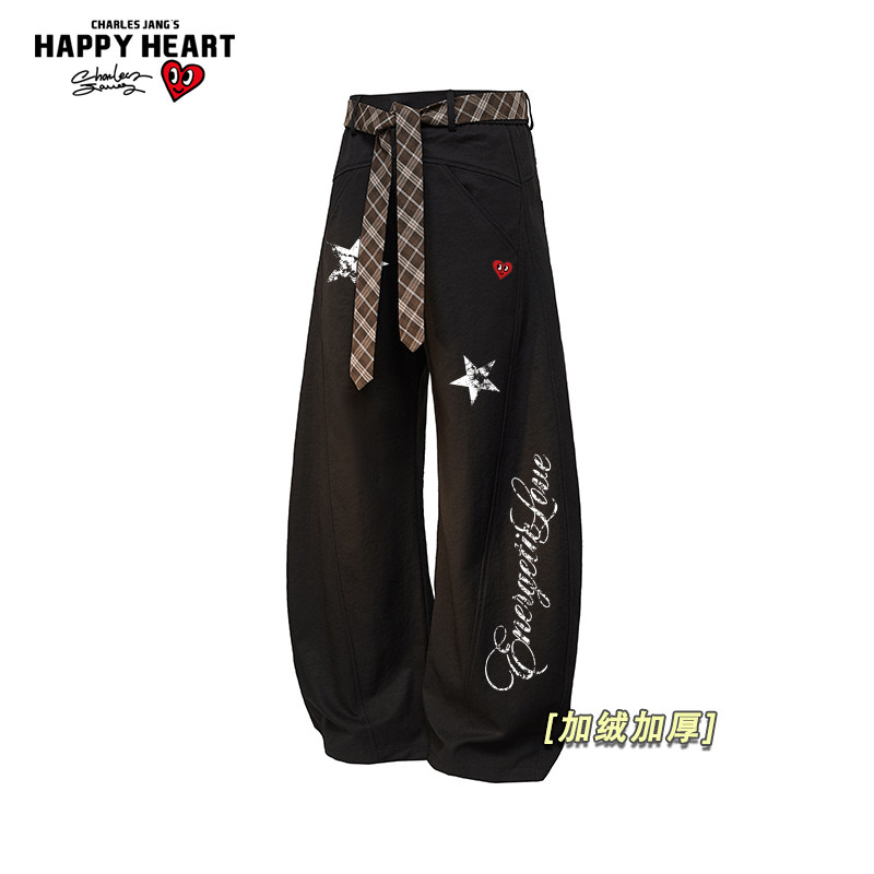 查尔斯桃心星星字母印花加绒加厚弯刀裤男女冬季保暖直筒长裤子潮