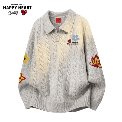 查尔斯桃心花卉蝴蝶印花V领毛衣