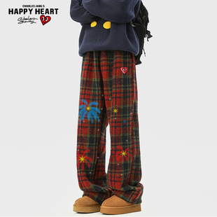 查尔斯桃心 加绒格子裤子男女冬季加厚直筒保暖抽绳休闲情侣长裤