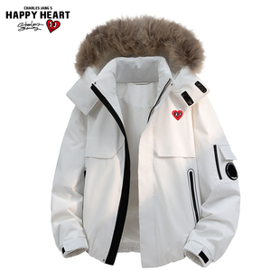 查尔斯桃心 貉子毛领连帽羽绒服男女冬季90绒加厚保暖派克服外套