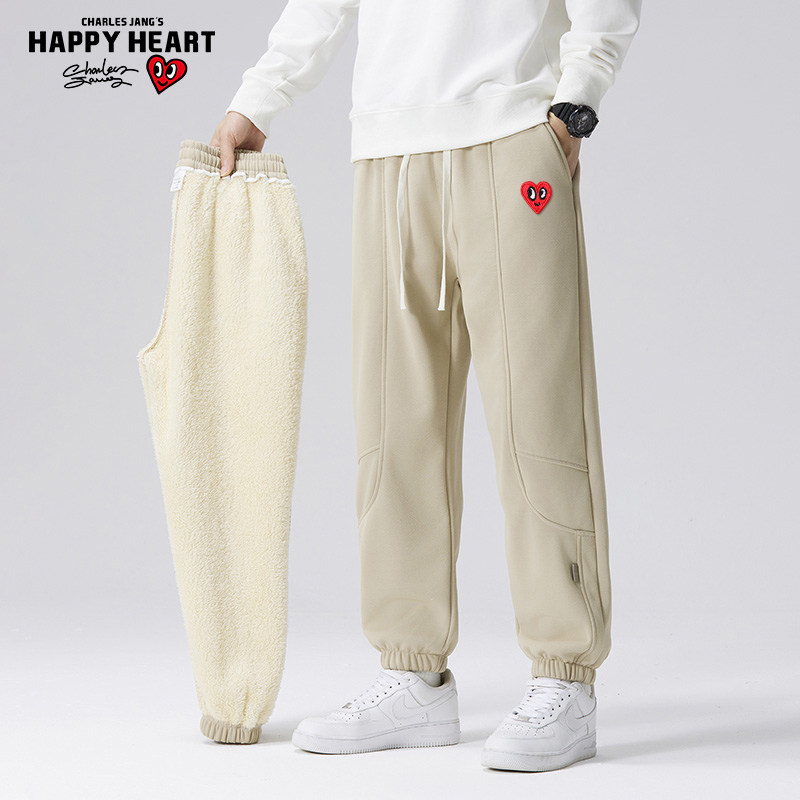查尔斯桃心 秋冬季新款加绒加厚宽松休闲束脚运动长裤男百搭卫裤