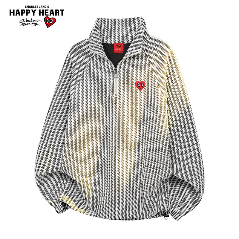 查尔斯桃心 美式鱼骨纹半拉链立领长袖T恤男女春上新休闲套头外套