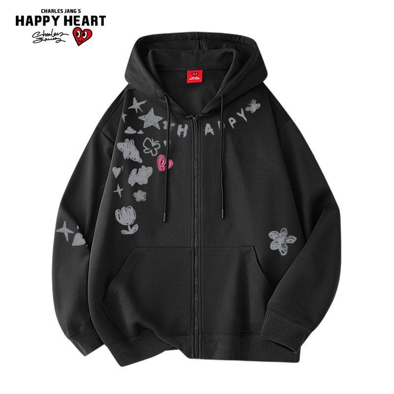 查尔斯桃心 美式项链涂鸦印花开衫卫衣男连帽春秋季新款百搭外套