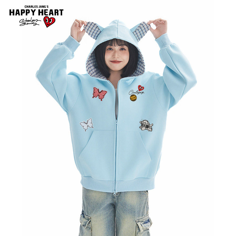 查尔斯桃心格纹学院风蝴蝶小狗印花开衫卫衣男女潮牌情侣百搭外套