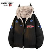 查尔斯桃心连帽座山雕猫耳棉衣男冬季 星星印花加绒保暖棉服外套潮