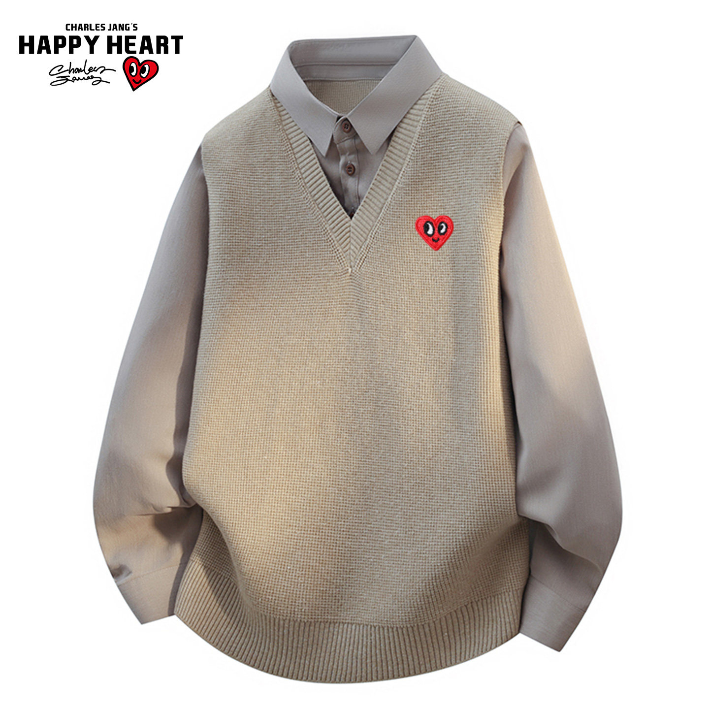 查尔斯桃心假两件撞色拼接衬衫领毛衣男女秋冬款学院风针织衫上衣