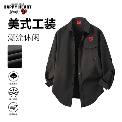 查尔斯桃心 翻领长袖衬衫男单排扣休闲外套情侣2026年春秋新款
