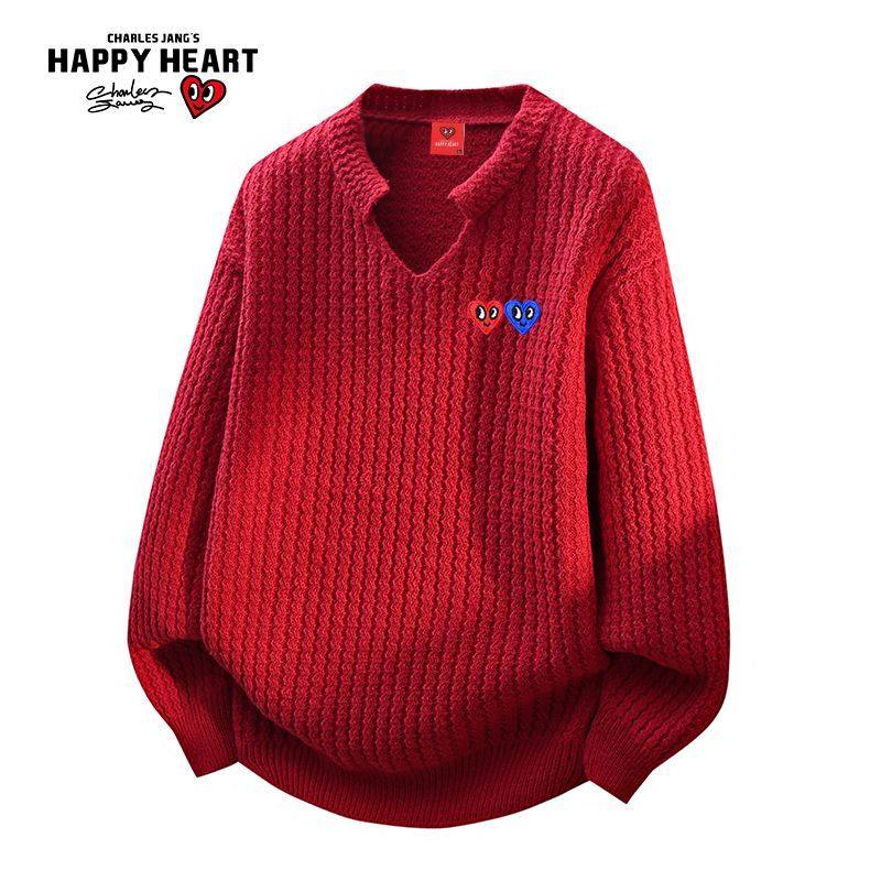 查尔斯桃心冬季新年春节喜庆麻花条纹双爱心刺绣针织V领长袖毛衣