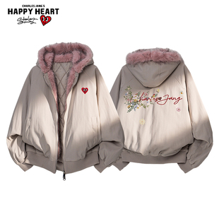 查尔斯桃心美式复古毛领座山雕棉服加厚保暖冬季棉衣情侣连帽外套