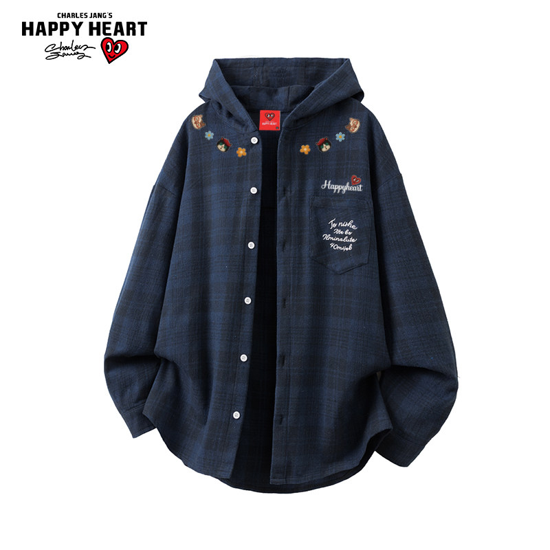 查尔斯桃心小猫印花长袖格子衬衫男女新款春秋季休闲百搭连帽外套