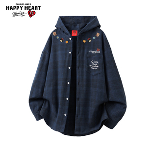 查尔斯桃心小猫印花长袖格子衬衫男女新款春秋季休闲百搭连帽外套