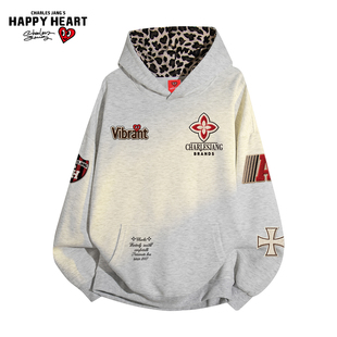 查尔斯桃心美式豹纹连帽卫衣男春秋季字母图案印花宽松情侣上衣