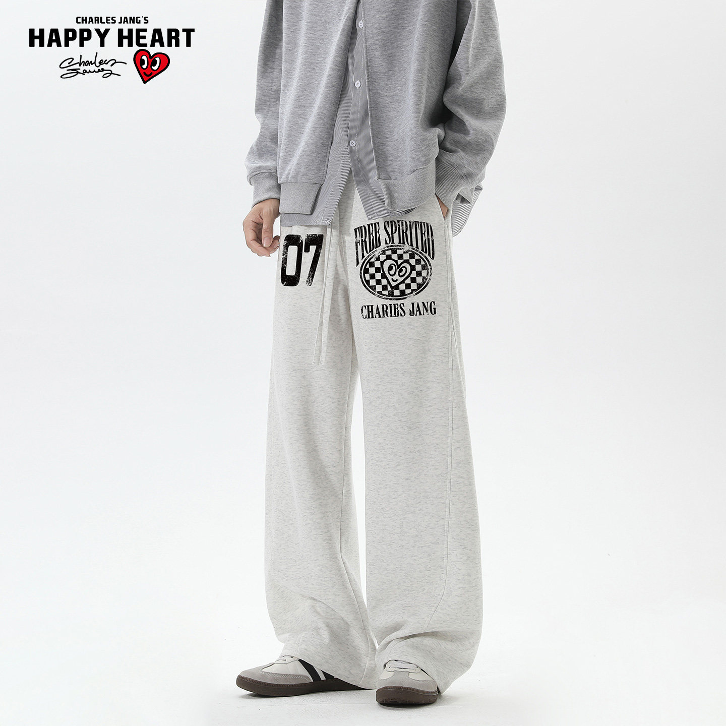 查尔斯桃心美式斑驳字母斜切弯刀卫裤男女春秋宽松运动休闲长裤子