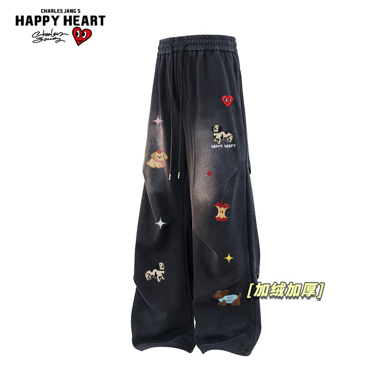 查尔斯桃心小狗印花加绒加厚直筒休闲裤男女冬季新款渐变保暖裤子,男装,休闲裤,淘宝优惠券,粉丝福利购,淘宝优惠卷