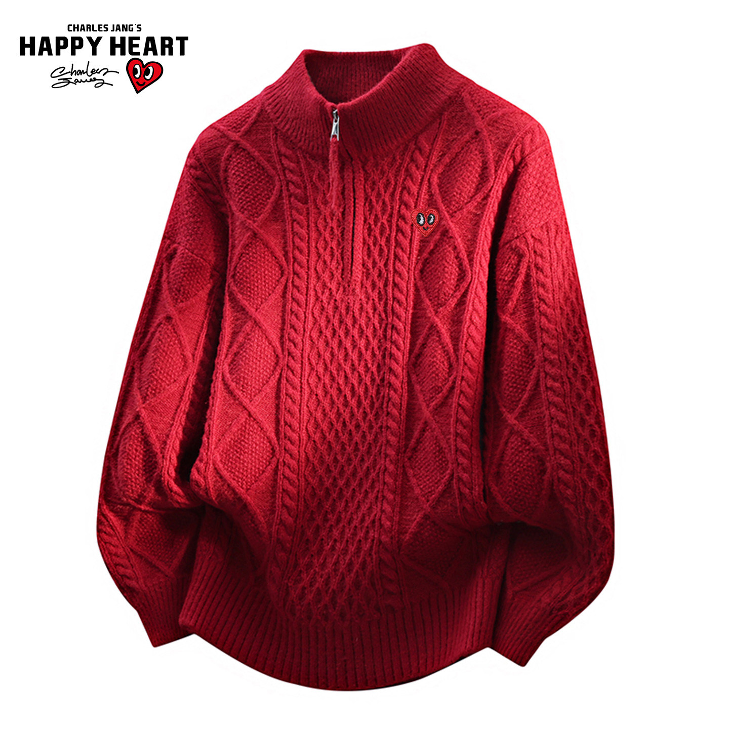 查尔斯桃心圣诞红色毛衣男冬季马年半拉链麻花新款潮牌情侣针织衫