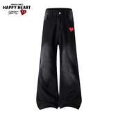 查尔斯桃心美式 子 爱心刺绣磨白水洗阔腿长裤 复古牛仔裤 男秋冬季