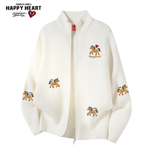 查尔斯桃心 马年立领开衫毛衣小马印花慵懒百搭休闲情侣针织外套