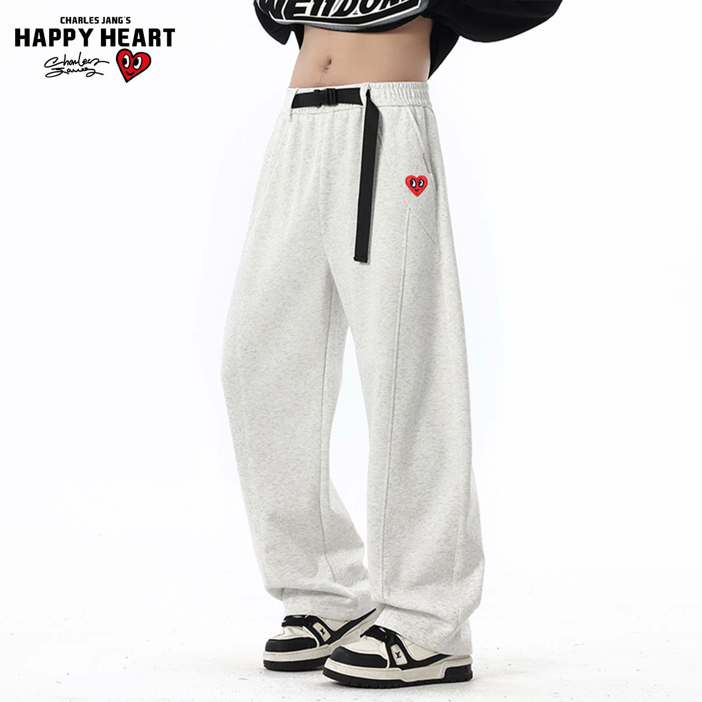 查尔斯桃心美式直筒休闲裤男女款秋冬季加绒加厚垂感弯刀运动卫裤