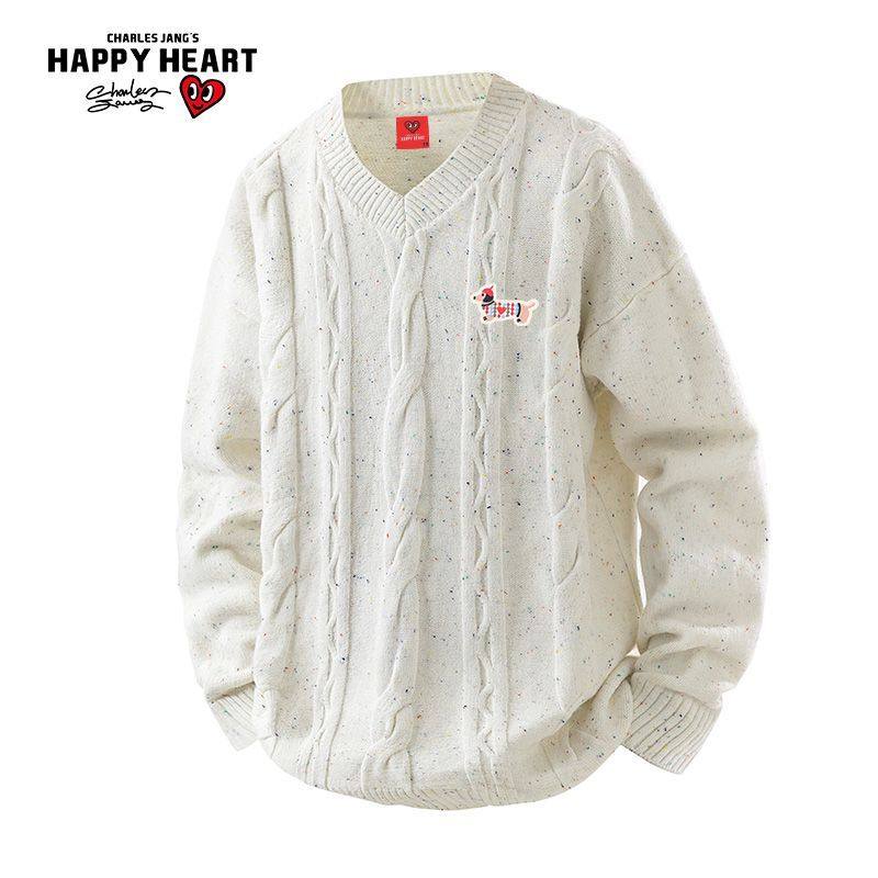 查尔斯桃心春季新款情侣麻花纹理腊肠狗徽章V领针织套头长袖毛衣