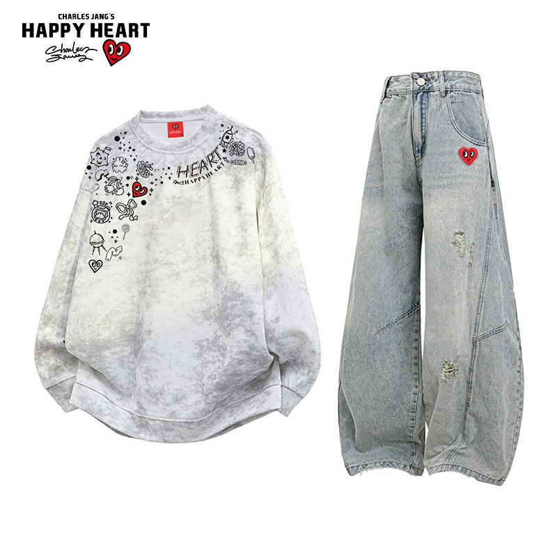 查尔斯桃心休闲套装男女春秋2026新款扎染卫衣高街牛仔裤一整套潮,男装,休闲运动套装,淘宝优惠券,粉丝福利购,淘宝优惠卷