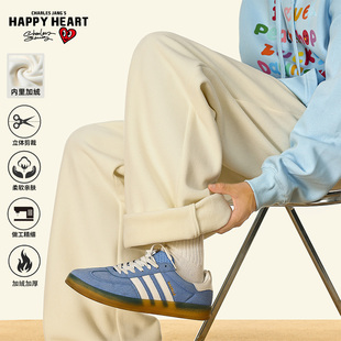 查尔斯桃心休闲裤男女加绒加厚羊羔绒秋冬季爱心刺绣直筒长裤子