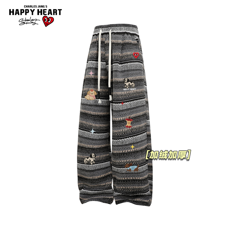 查尔斯桃心复古条纹趣味小狗印花休闲裤男女