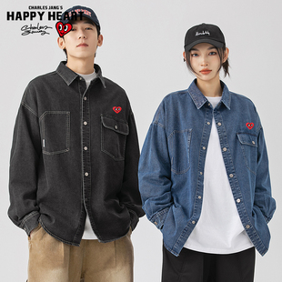 男女春秋季 查尔斯桃心 衬衫 长袖 宽松情侣衬衣外套上衣服 牛仔工装